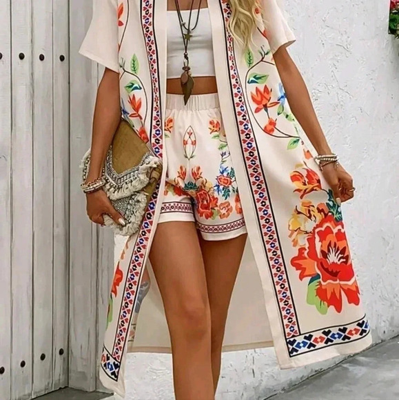 Summer Casual Floral Print Front Open Jacket and Shorts For Vacation - Picture 3 of 6